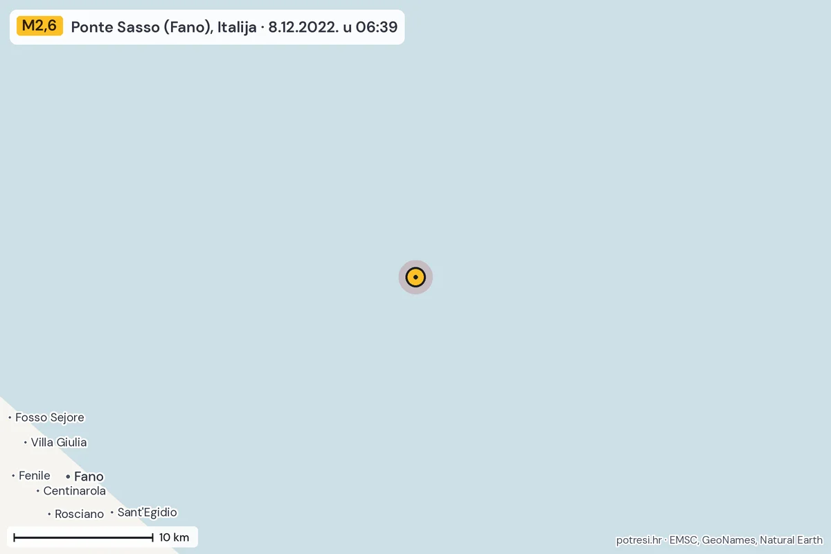 Karta: okolica epicentra, 60 km, potres M2,6, Ponte Sasso (Fano), Italija, 8.12.2022.