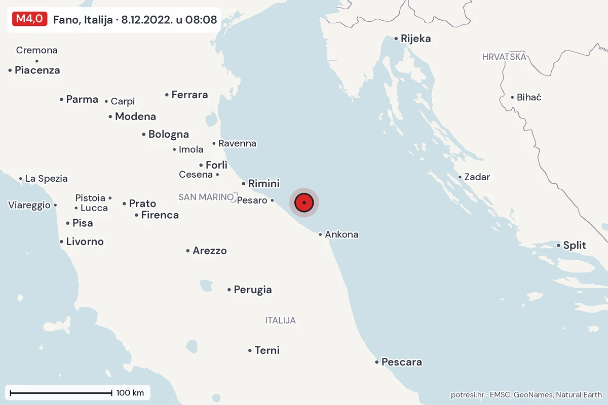Karta: šire područje, 600 km, potres M4,0, Fano, Italija, 8.12.2022.