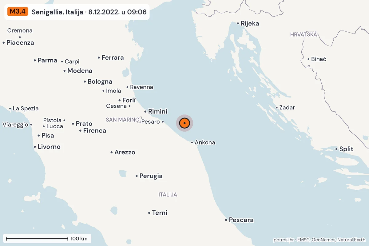 Karta: šire područje, 600 km, potres M3,4, Senigallia, Italija, 8.12.2022.