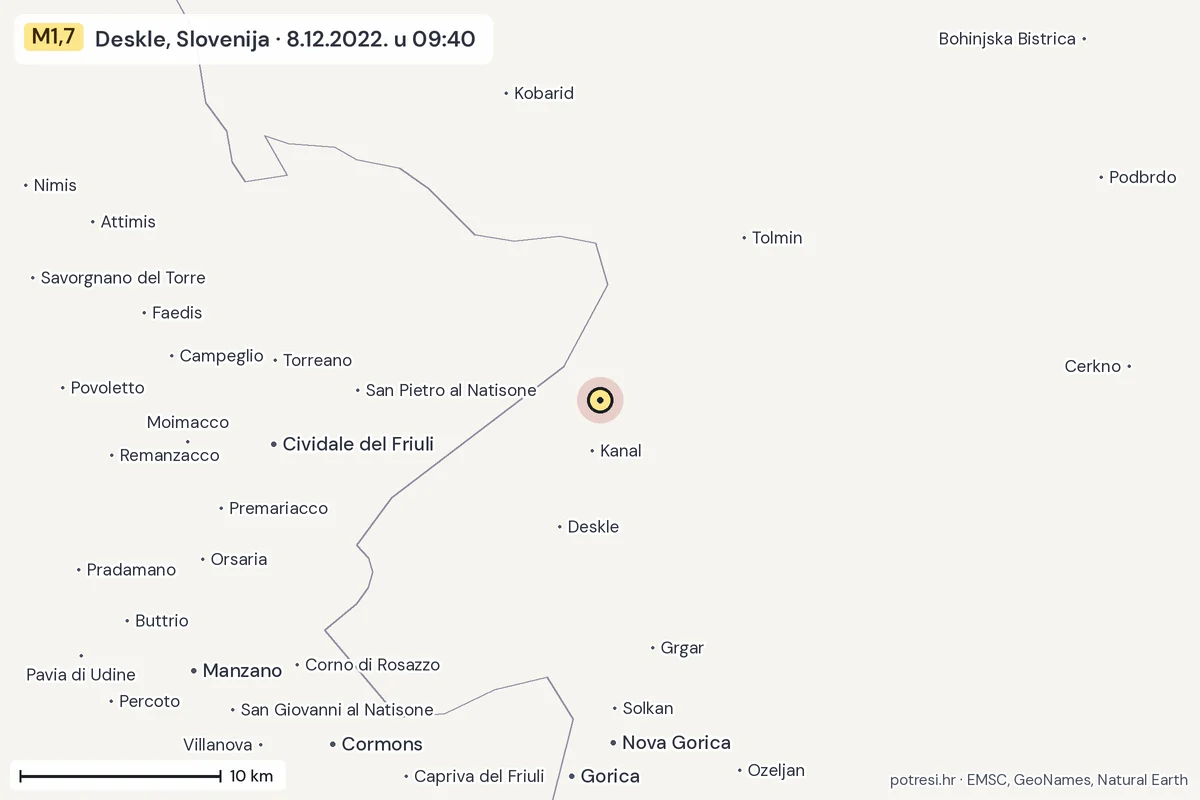 Karta: okolica epicentra, 60 km, potres M1,7, Deskle, Slovenija, 8.12.2022.