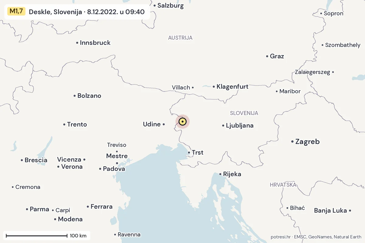 Karta: šire područje, 600 km, potres M1,7, Deskle, Slovenija, 8.12.2022.