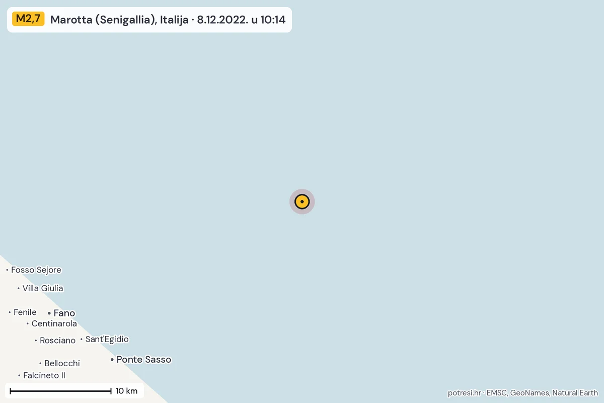 Karta: okolica epicentra, 60 km, potres M2,7, Marotta (Senigallia), Italija, 8.12.2022.