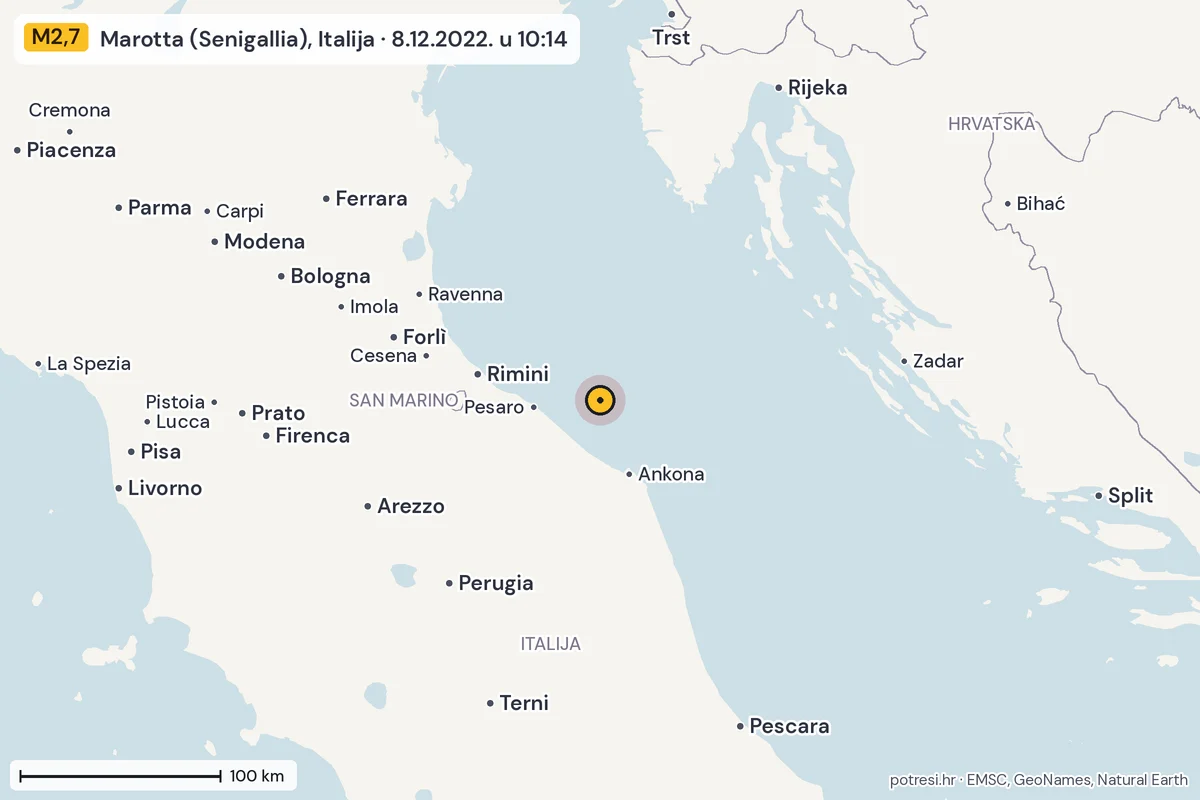 Karta: šire područje, 600 km, potres M2,7, Marotta (Senigallia), Italija, 8.12.2022.