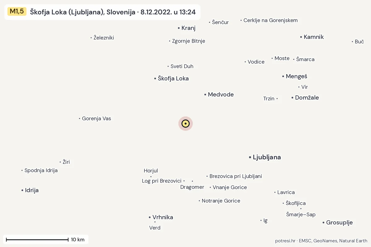 Karta: okolica epicentra, 60 km, potres M1,5, Škofja Loka (Ljubljana), Slovenija, 8.12.2022.