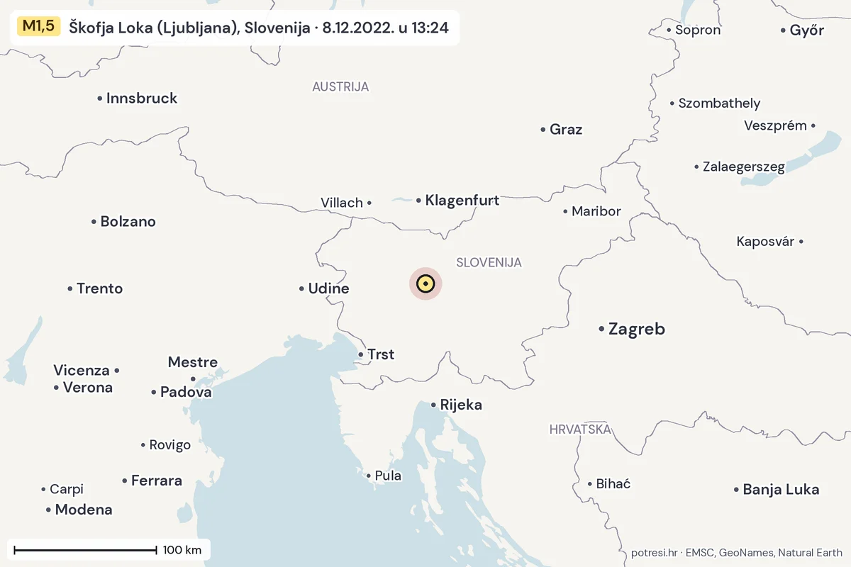 Karta: šire područje, 600 km, potres M1,5, Škofja Loka (Ljubljana), Slovenija, 8.12.2022.