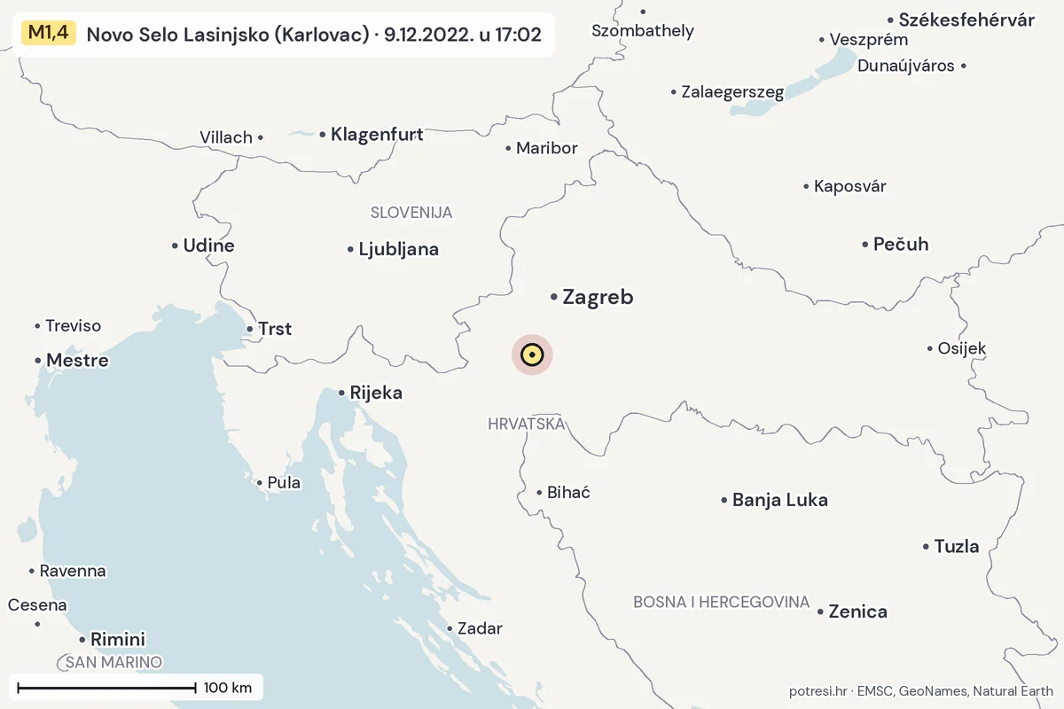 Karta: šire područje, 600 km, potres M1,4, Novo Selo Lasinjsko (Karlovac), 9.12.2022.