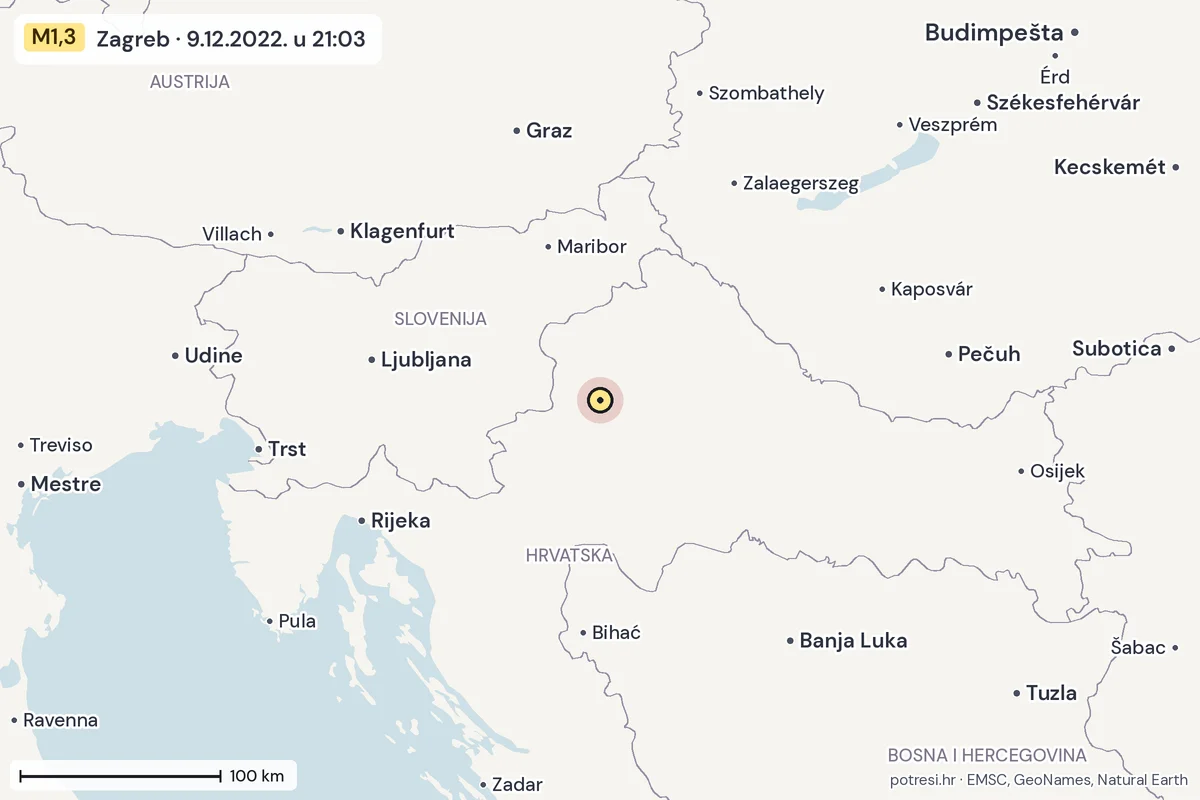 Karta: šire područje, 600 km, potres M1,3, Zagreb, 9.12.2022.
