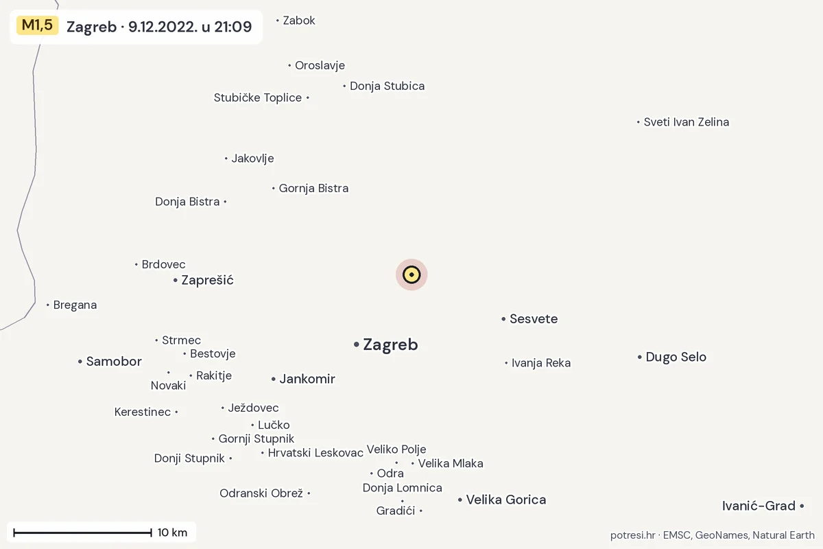 Karta: okolica epicentra, 60 km, potres M1,5, Zagreb, 9.12.2022.