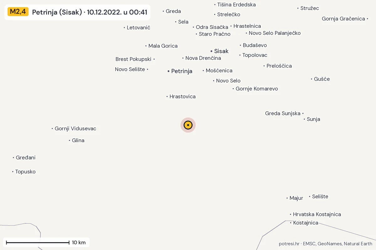 Karta: okolica epicentra, 60 km, potres M2,4, Petrinja (Sisak), 10.12.2022.