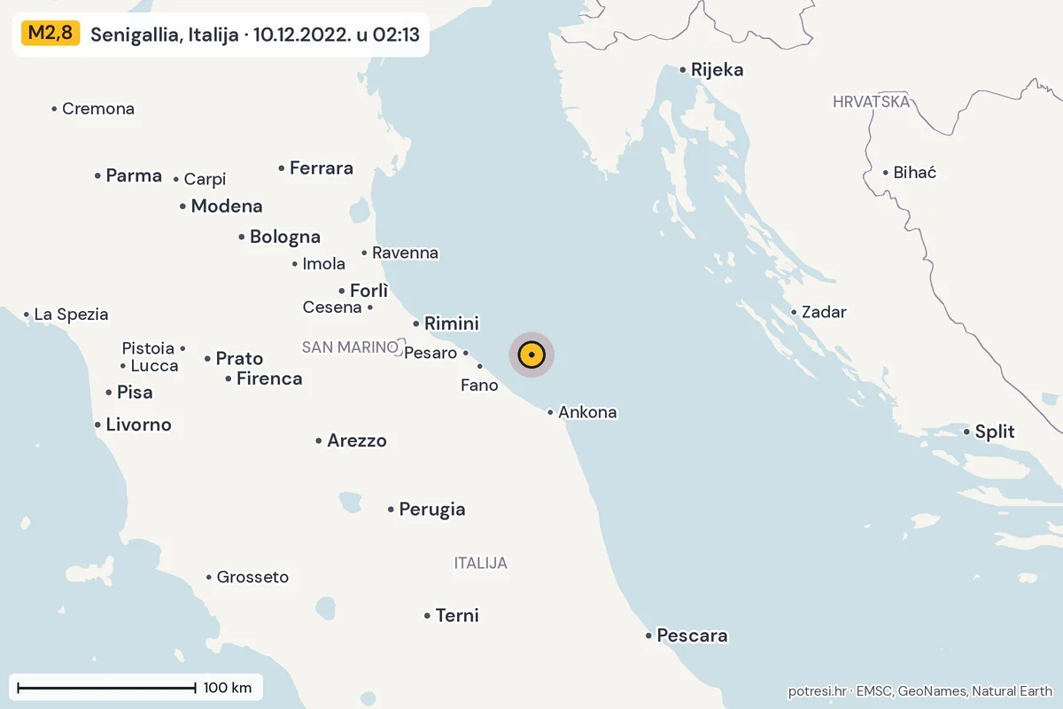 Karta: šire područje, 600 km, potres M2,8, Senigallia, Italija, 10.12.2022.