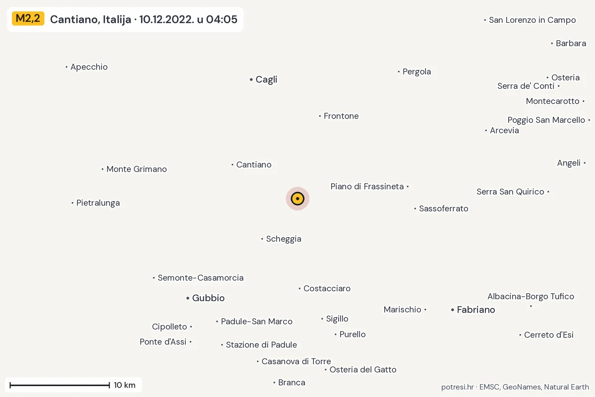 Karta: okolica epicentra, 60 km, potres M2,2, Cantiano, Italija, 10.12.2022.
