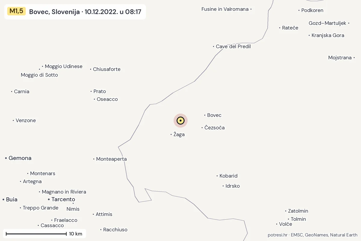 Karta: okolica epicentra, 60 km, potres M1,5, Bovec, Slovenija, 10.12.2022.