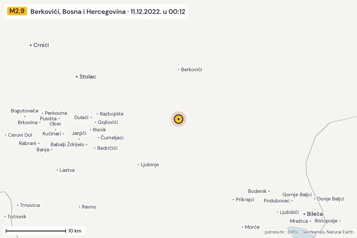 Karta: okolica epicentra, 60 km, potres M2,9, Berkovići, Bosna i Hercegovina, 11.12.2022.