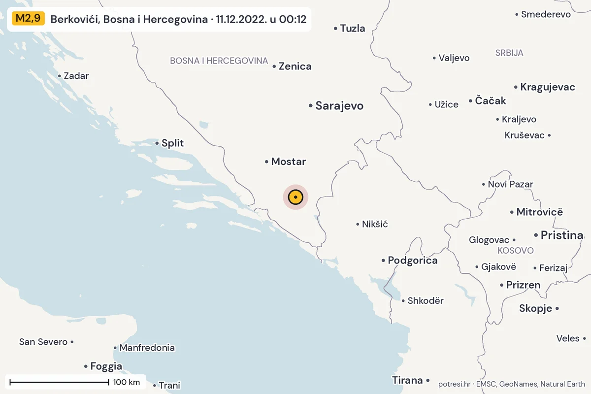 Karta: šire područje, 600 km, potres M2,9, Berkovići, Bosna i Hercegovina, 11.12.2022.