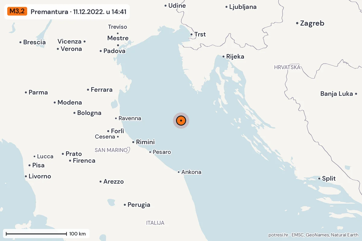 Karta: šire područje, 600 km, potres M3,2, Premantura, 11.12.2022.