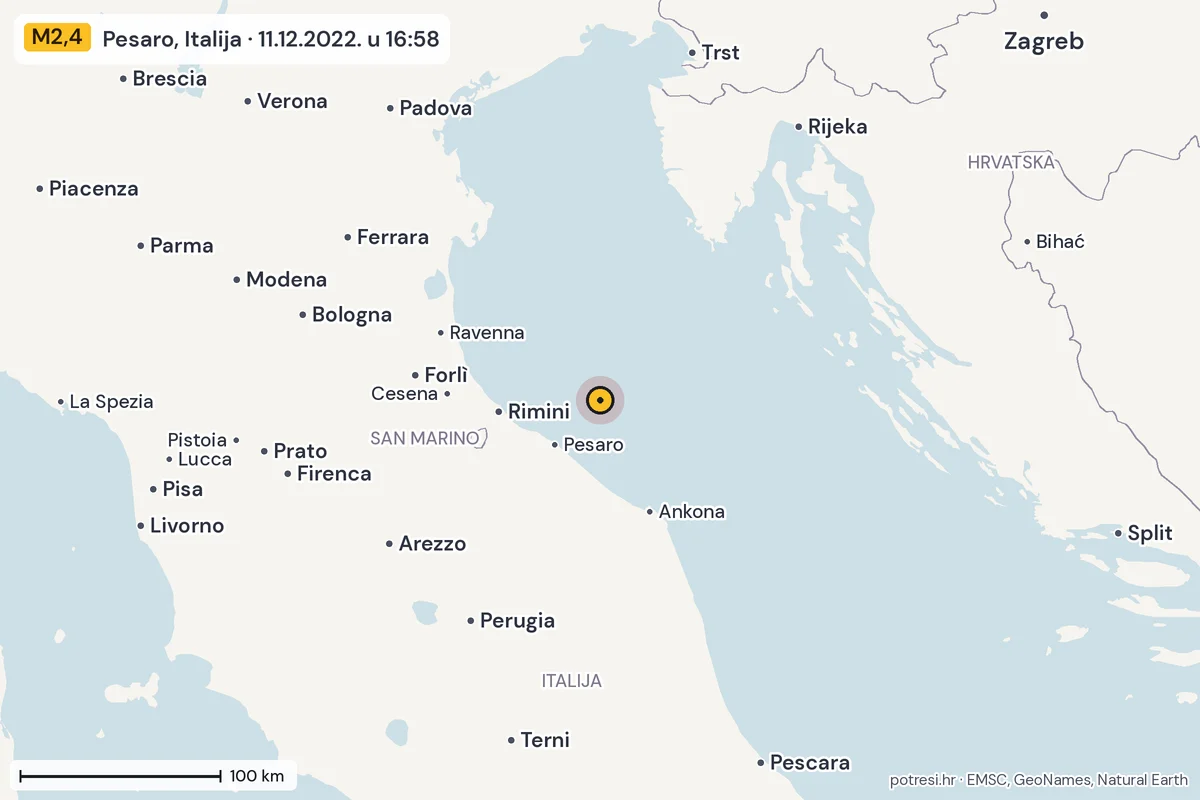 Karta: šire područje, 600 km, potres M2,4, Pesaro, Italija, 11.12.2022.
