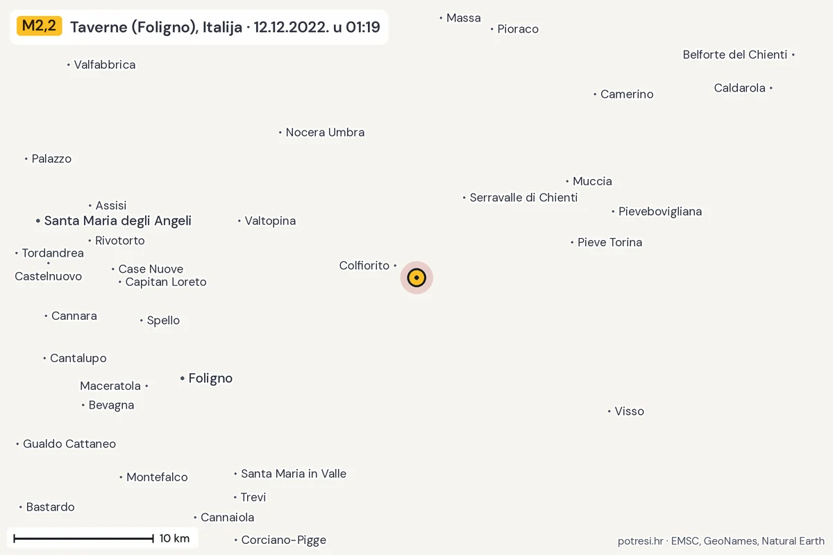 Karta: okolica epicentra, 60 km, potres M2,2, Taverne (Foligno), Italija, 12.12.2022.