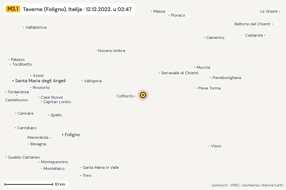 Karta: okolica epicentra, 60 km, potres M2,1, Taverne (Foligno), Italija, 12.12.2022.