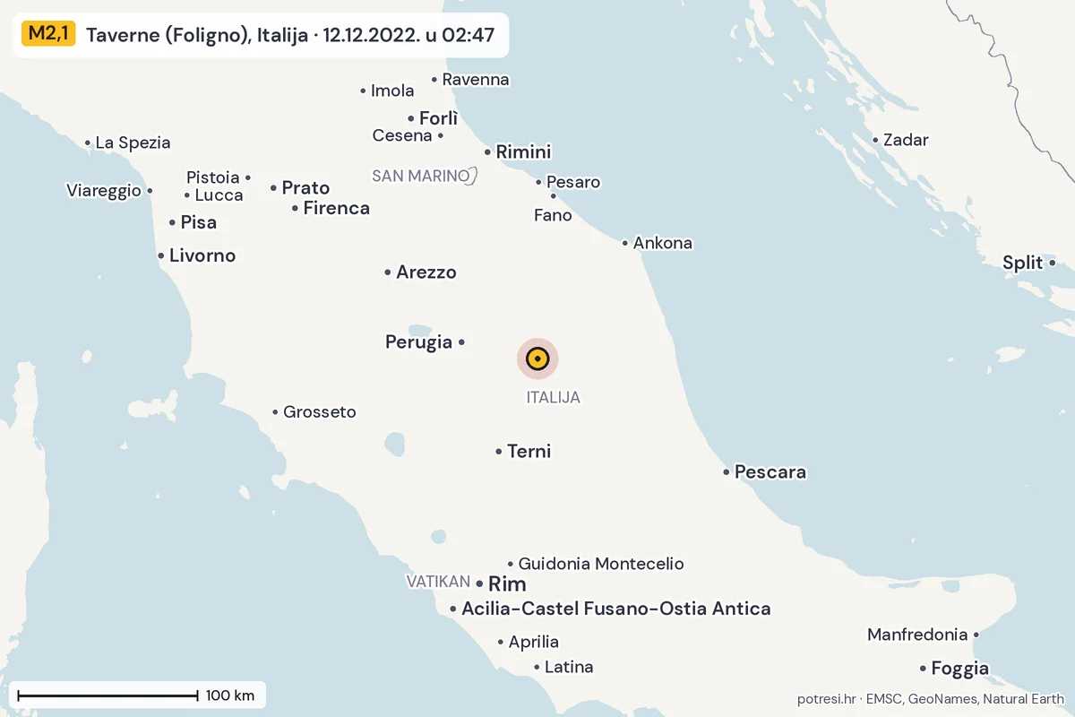 Karta: šire područje, 600 km, potres M2,1, Taverne (Foligno), Italija, 12.12.2022.
