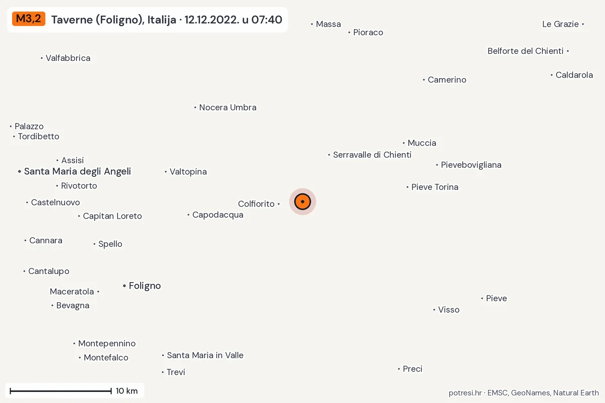 Karta: okolica epicentra, 60 km, potres M3,2, Taverne (Foligno), Italija, 12.12.2022.