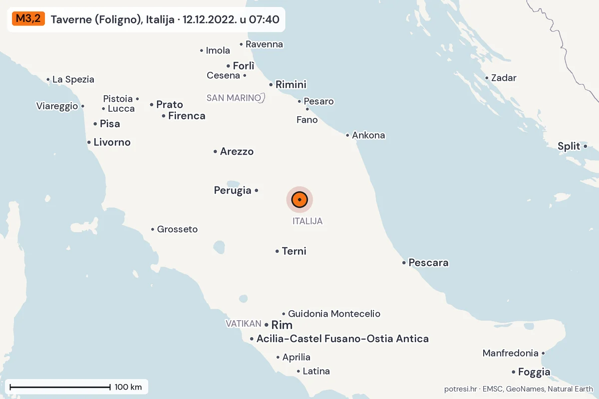 Karta: šire područje, 600 km, potres M3,2, Taverne (Foligno), Italija, 12.12.2022.