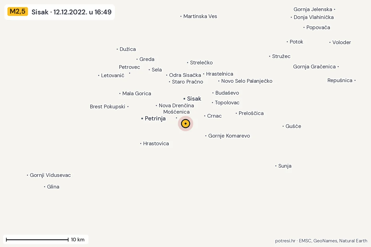 Karta: okolica epicentra, 60 km, potres M2,5, Sisak, 12.12.2022.