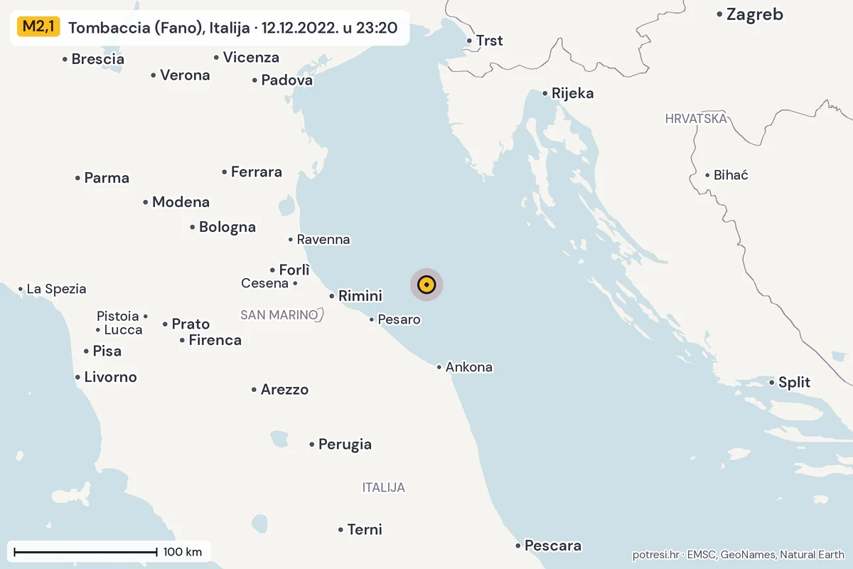 Karta: šire područje, 600 km, potres M2,1, Tombaccia (Fano), Italija, 12.12.2022.