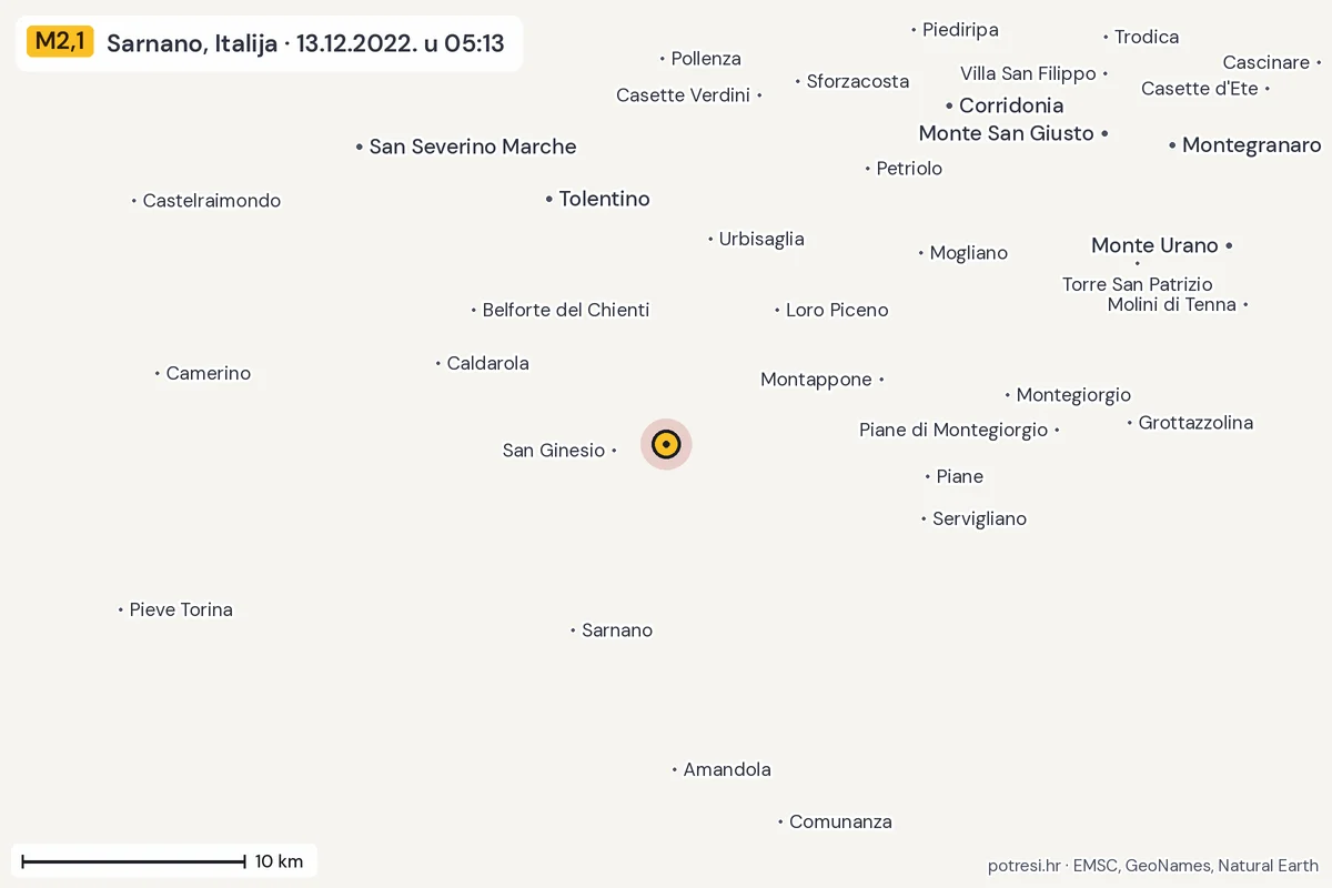 Karta: okolica epicentra, 60 km, potres M2,1, Sarnano, Italija, 13.12.2022.
