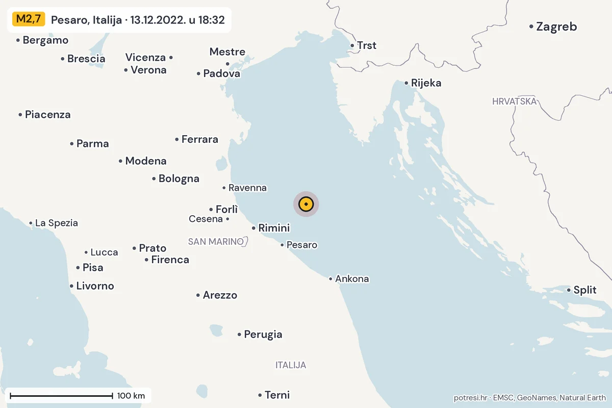Karta: šire područje, 600 km, potres M2,7, Pesaro, Italija, 13.12.2022.