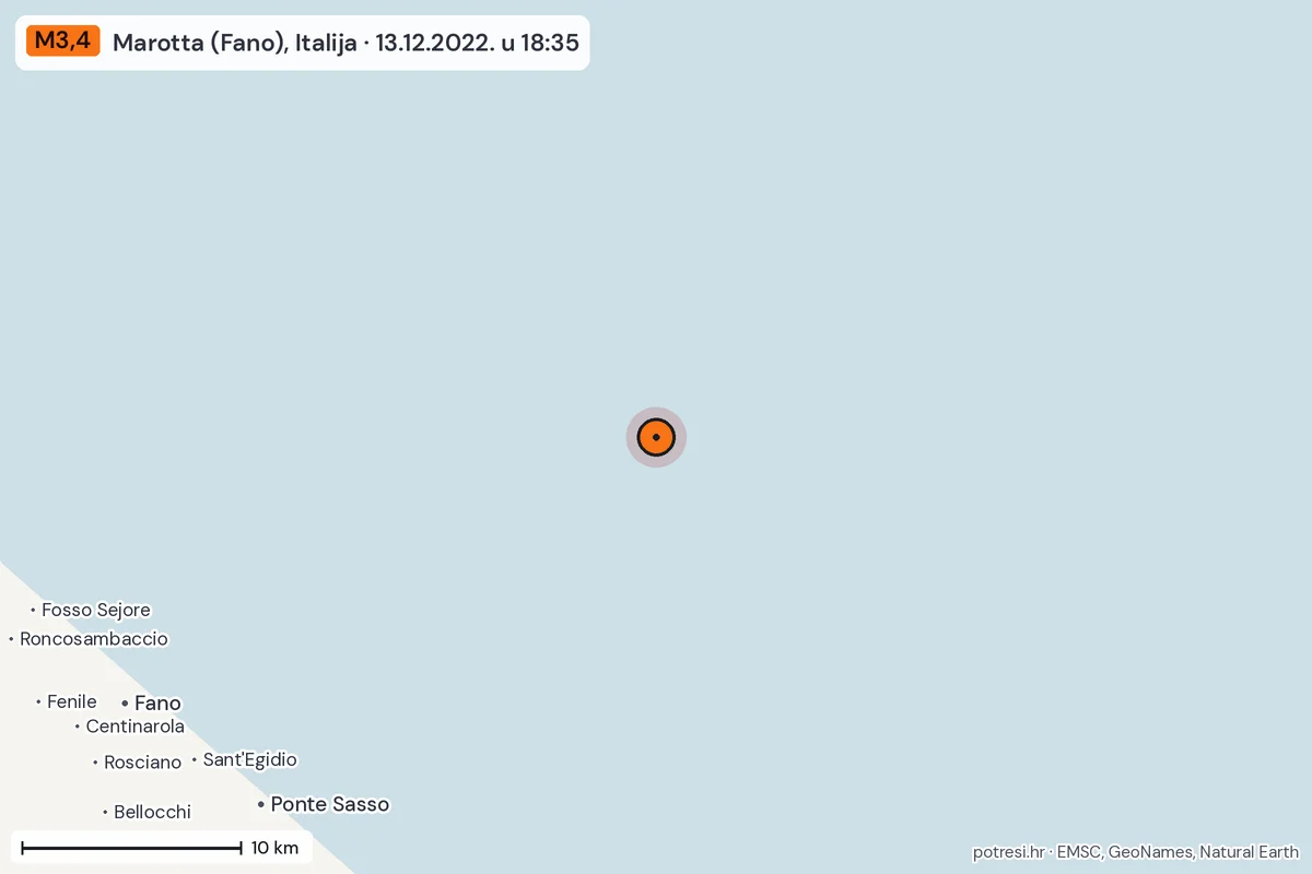 Karta: okolica epicentra, 60 km, potres M3,4, Marotta (Fano), Italija, 13.12.2022.