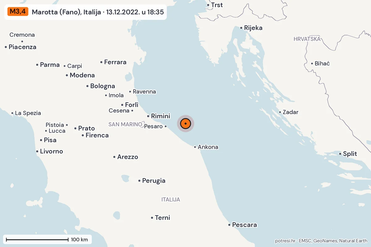 Karta: šire područje, 600 km, potres M3,4, Marotta (Fano), Italija, 13.12.2022.