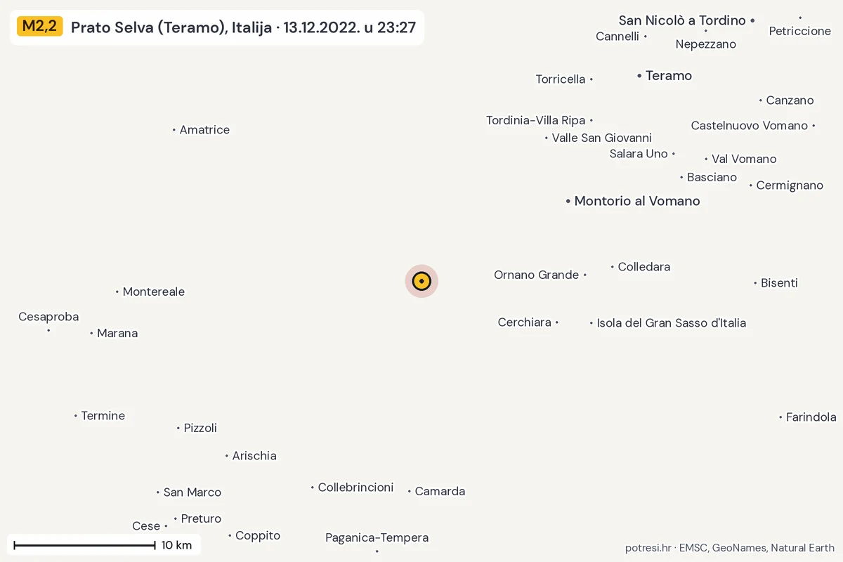Karta: okolica epicentra, 60 km, potres M2,2, Prato Selva (Teramo), Italija, 13.12.2022.