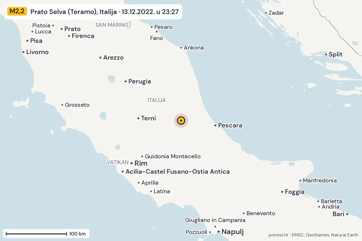Karta: šire područje, 600 km, potres M2,2, Prato Selva (Teramo), Italija, 13.12.2022.