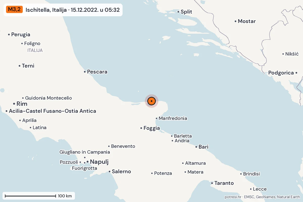 Karta: šire područje, 600 km, potres M3,2, Ischitella, Italija, 15.12.2022.