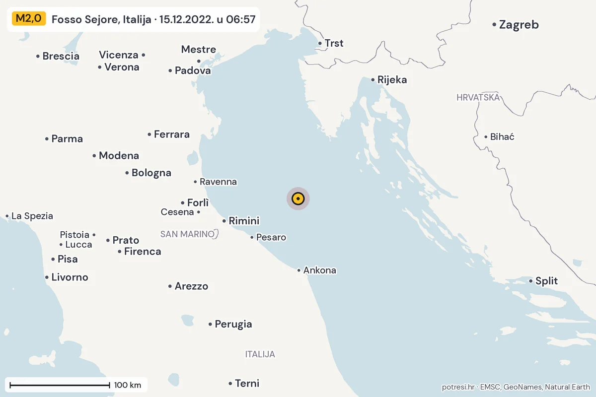 Karta: šire područje, 600 km, potres M2,0, Fosso Sejore, Italija, 15.12.2022.