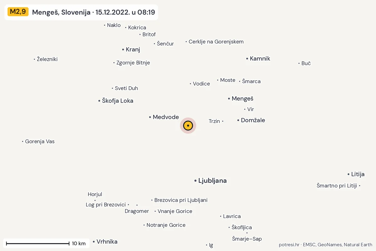 Karta: okolica epicentra, 60 km, potres M2,9, Mengeš, Slovenija, 15.12.2022.