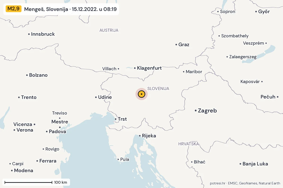 Karta: šire područje, 600 km, potres M2,9, Mengeš, Slovenija, 15.12.2022.