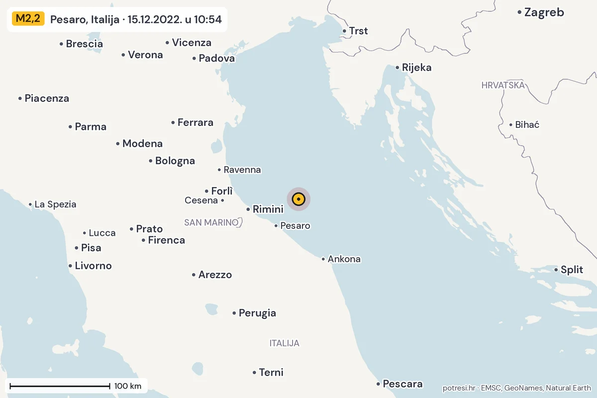 Karta: šire područje, 600 km, potres M2,2, Pesaro, Italija, 15.12.2022.