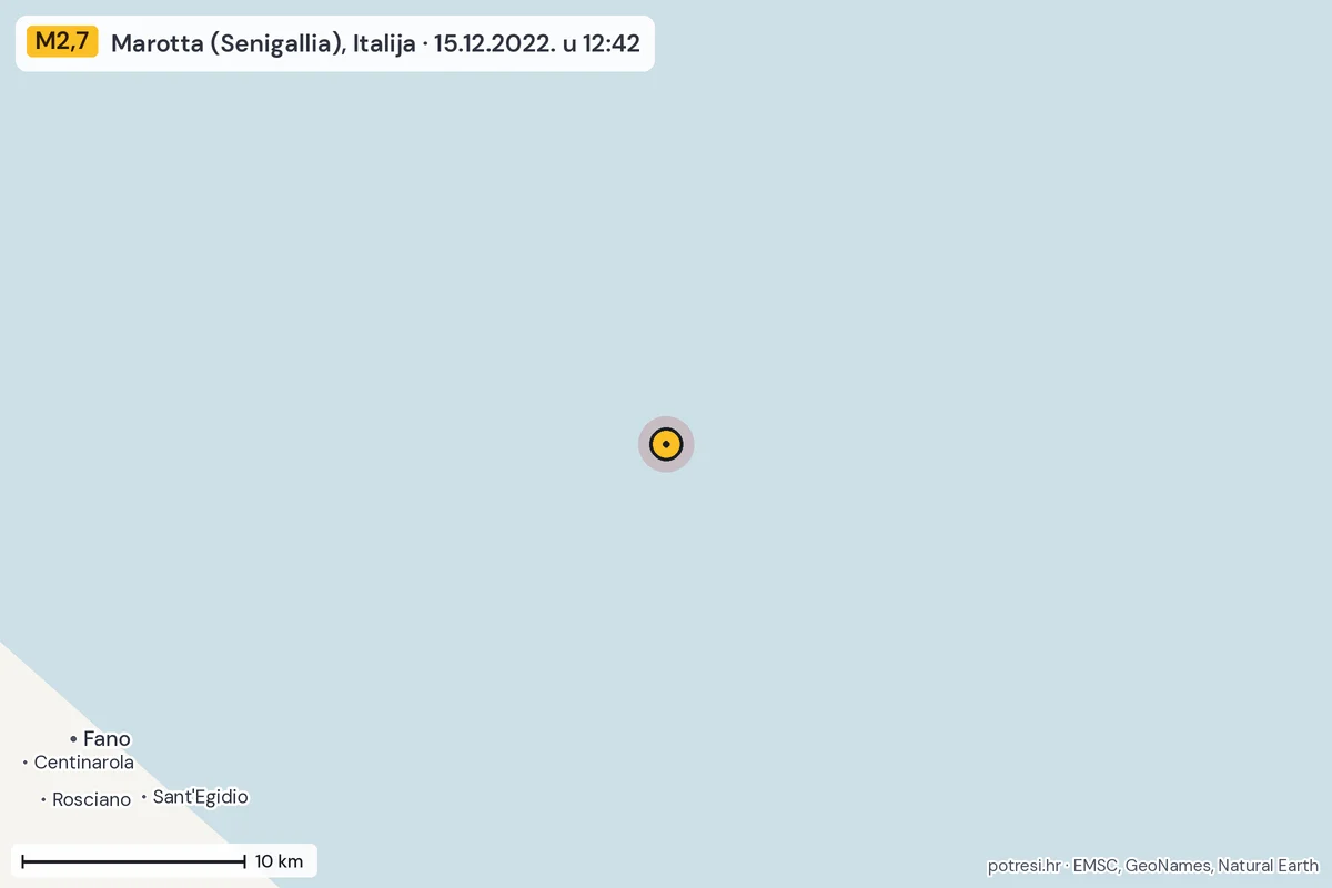 Karta: okolica epicentra, 60 km, potres M2,7, Marotta (Senigallia), Italija, 15.12.2022.