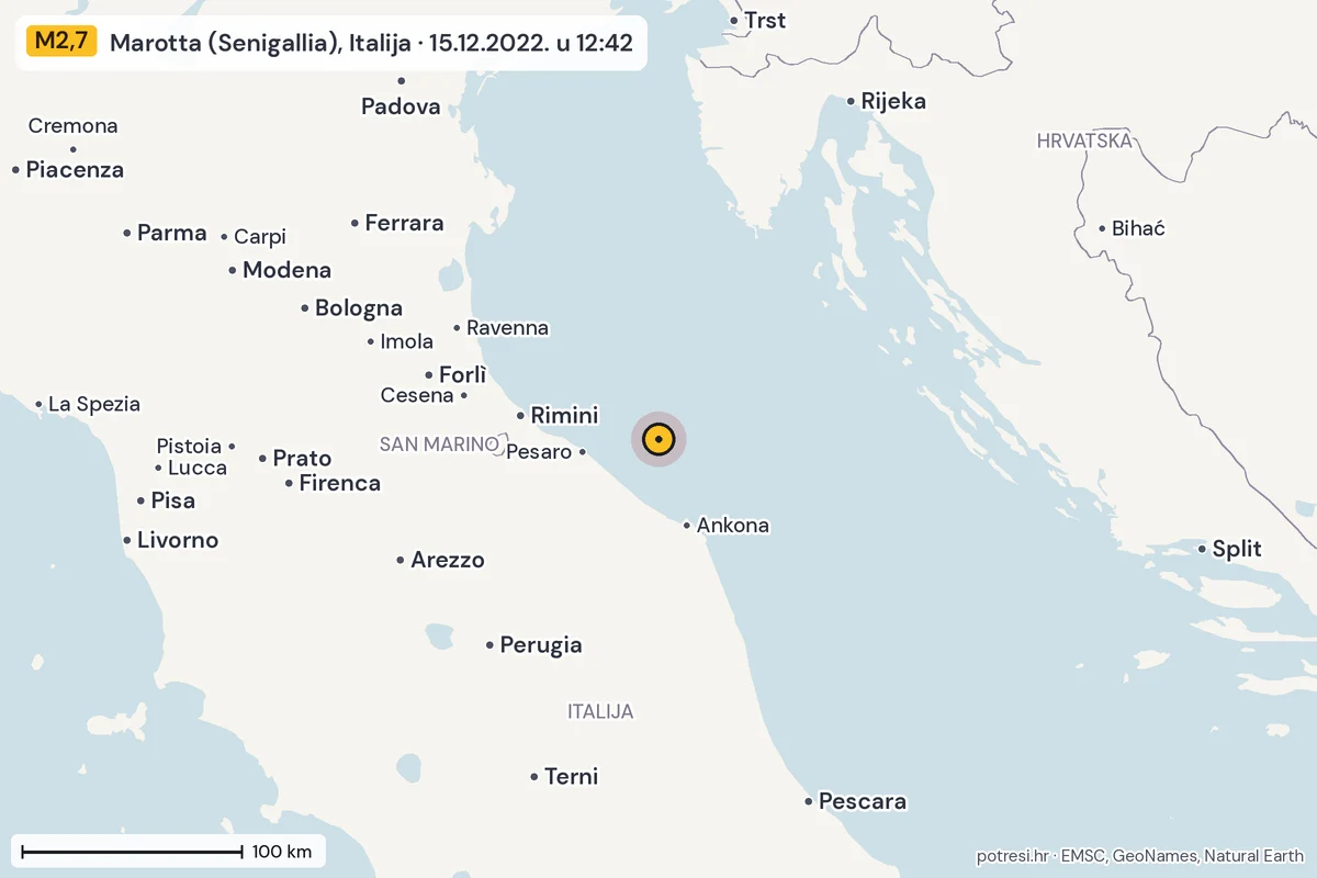 Karta: šire područje, 600 km, potres M2,7, Marotta (Senigallia), Italija, 15.12.2022.