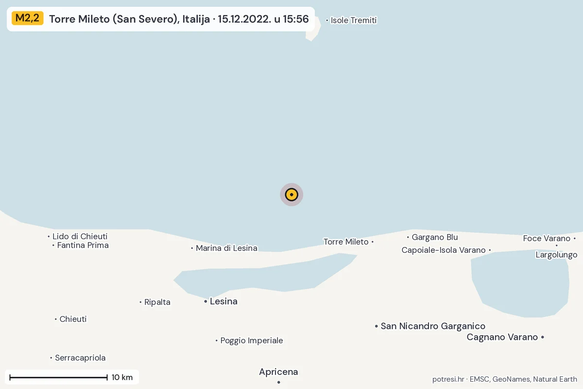 Karta: okolica epicentra, 60 km, potres M2,2, Torre Mileto (San Severo), Italija, 15.12.2022.