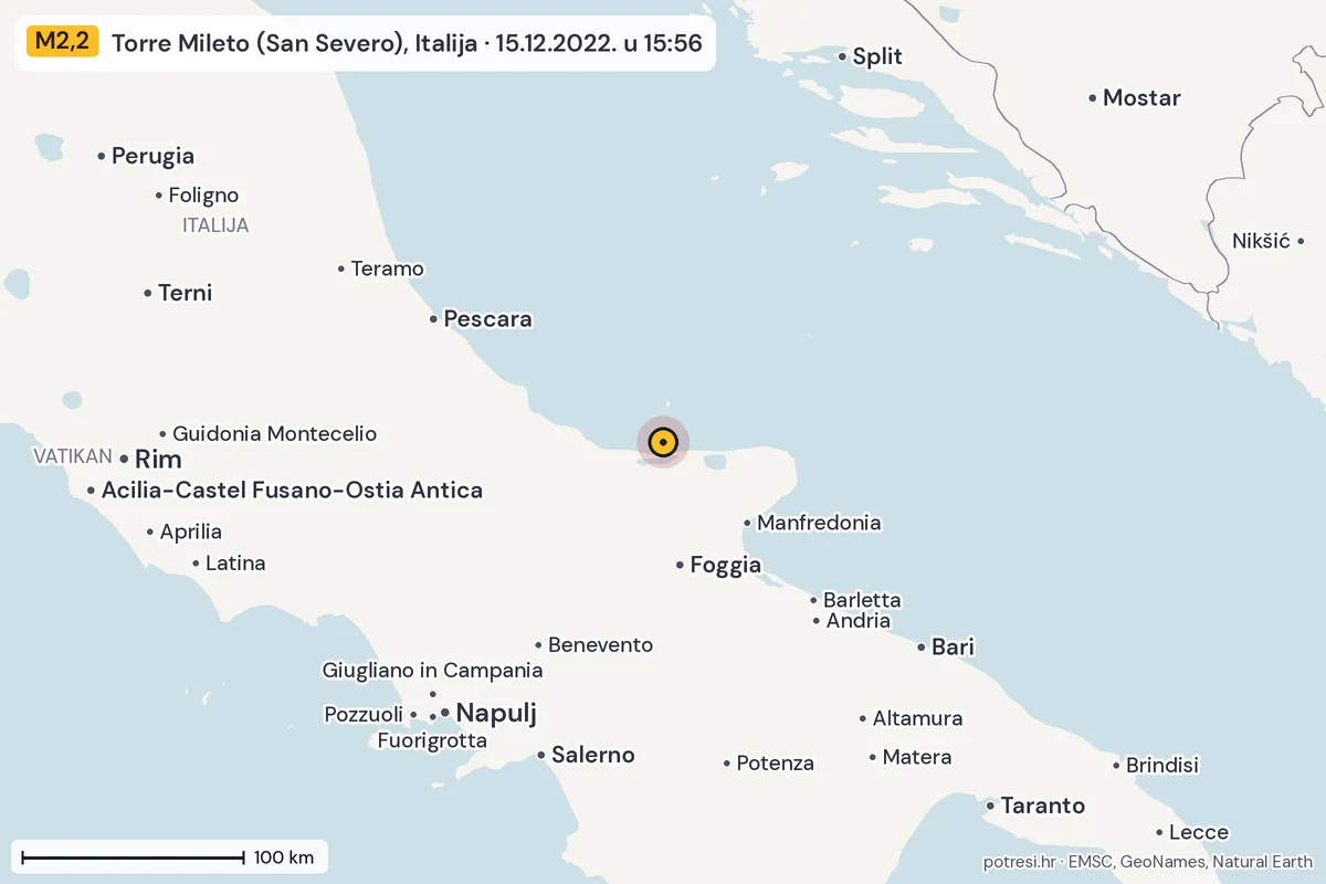 Karta: šire područje, 600 km, potres M2,2, Torre Mileto (San Severo), Italija, 15.12.2022.