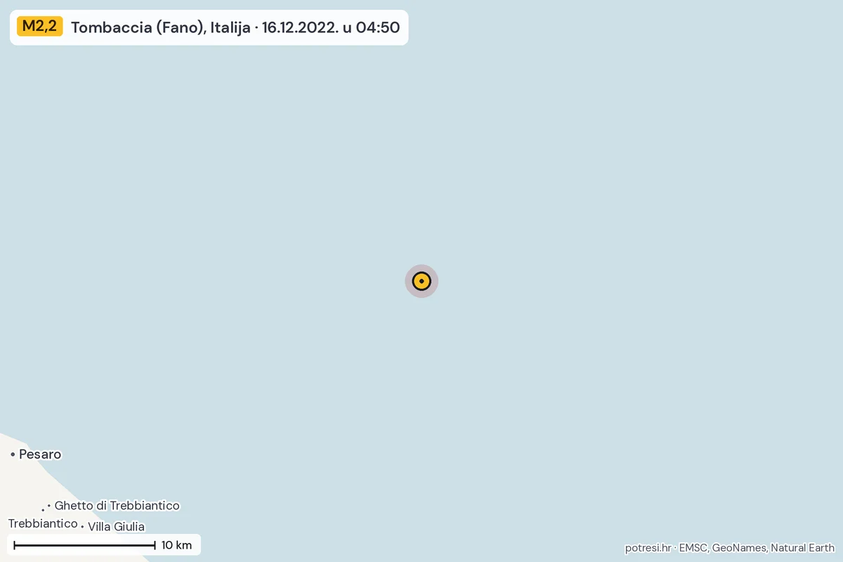 Karta: okolica epicentra, 60 km, potres M2,2, Tombaccia (Fano), Italija, 16.12.2022.