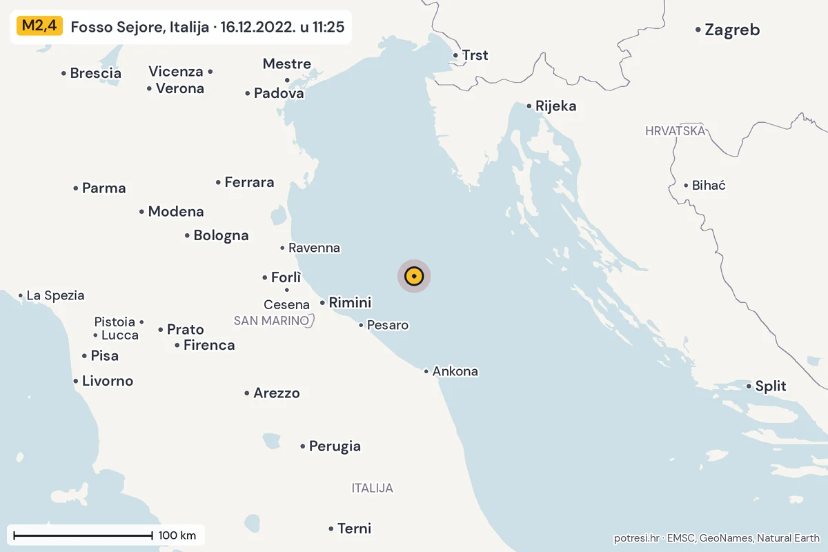 Karta: šire područje, 600 km, potres M2,4, Fosso Sejore, Italija, 16.12.2022.