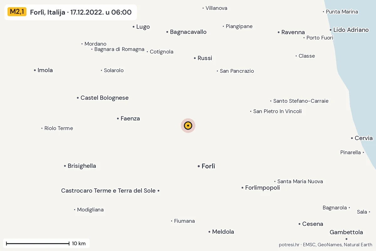 Karta: okolica epicentra, 60 km, potres M2,1, Forlì, Italija, 17.12.2022.