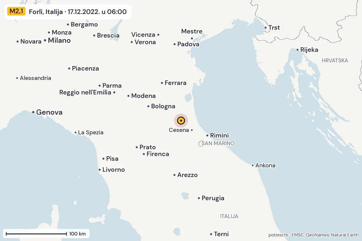 Karta: šire područje, 600 km, potres M2,1, Forlì, Italija, 17.12.2022.