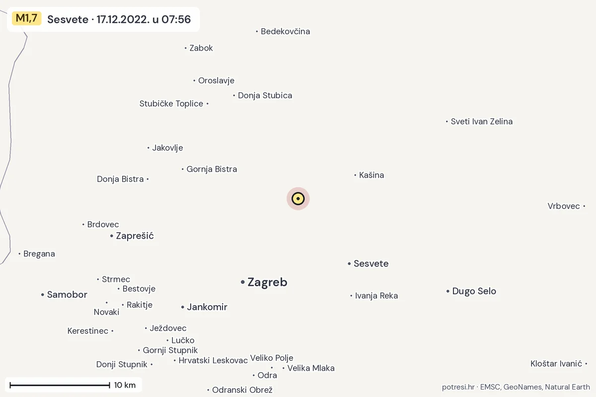 Karta: okolica epicentra, 60 km, potres M1,7, Sesvete, 17.12.2022.
