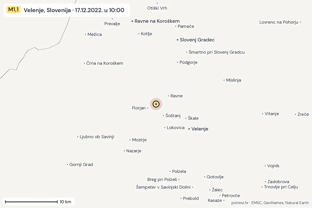 Karta: okolica epicentra, 60 km, potres M1,1, Velenje, Slovenija, 17.12.2022.
