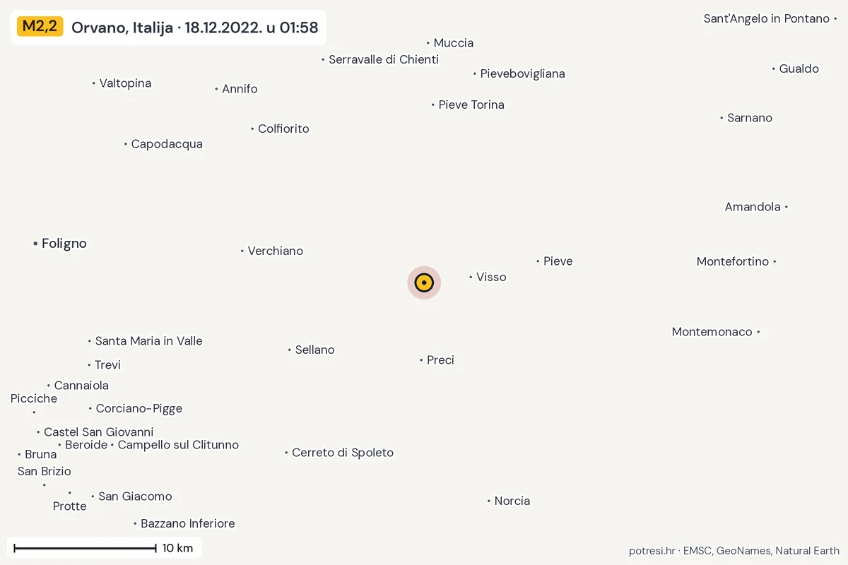 Karta: okolica epicentra, 60 km, potres M2,2, Orvano, Italija, 18.12.2022.