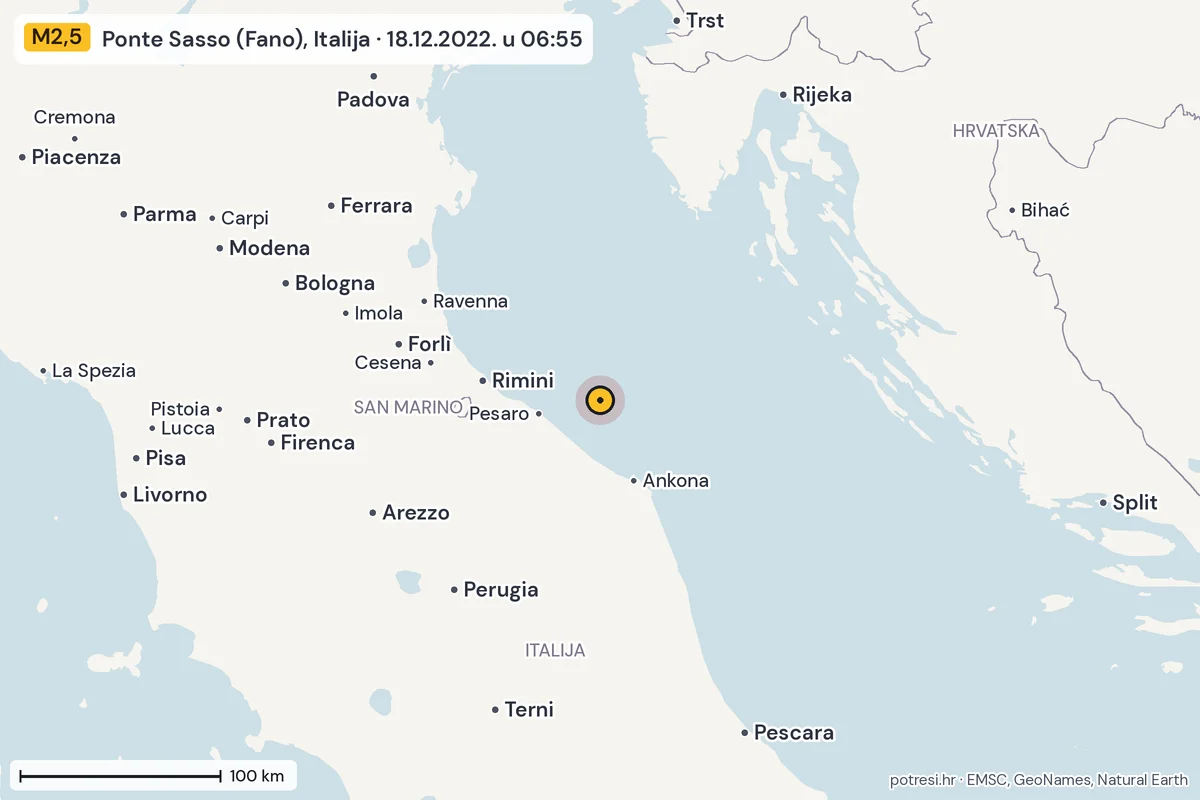 Karta: šire područje, 600 km, potres M2,5, Ponte Sasso (Fano), Italija, 18.12.2022.